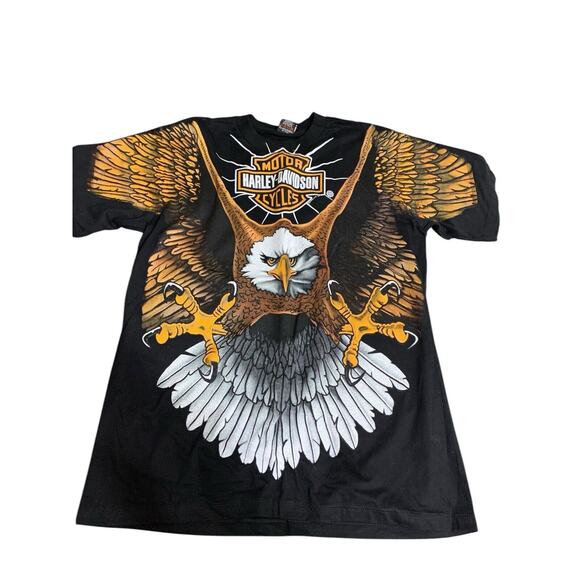 Harley Davidson Bald Eagle Biker Modern Boot Single Stitch AOP Tee Size XL - Picture 1 of 15